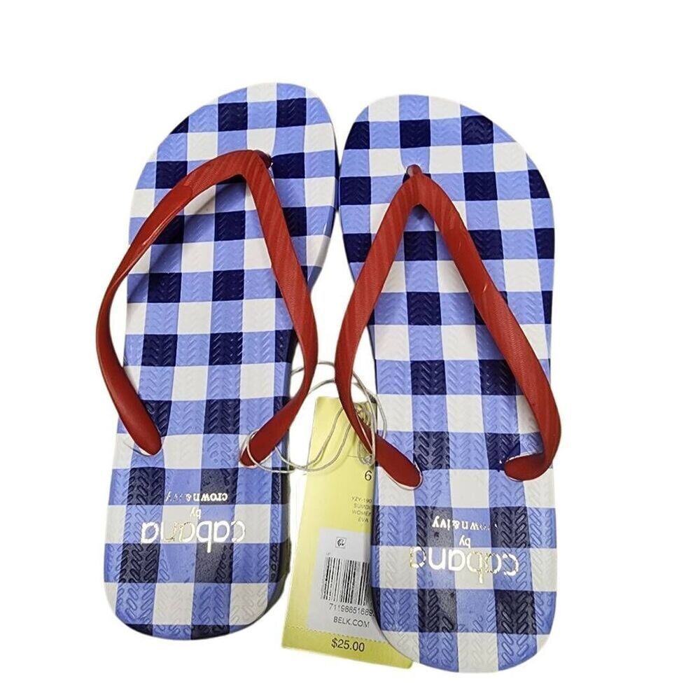 Cabana by Crown & Ivy Women Shoes, "Eva" Blue & Red Gingham Flip Flops, Sz 6